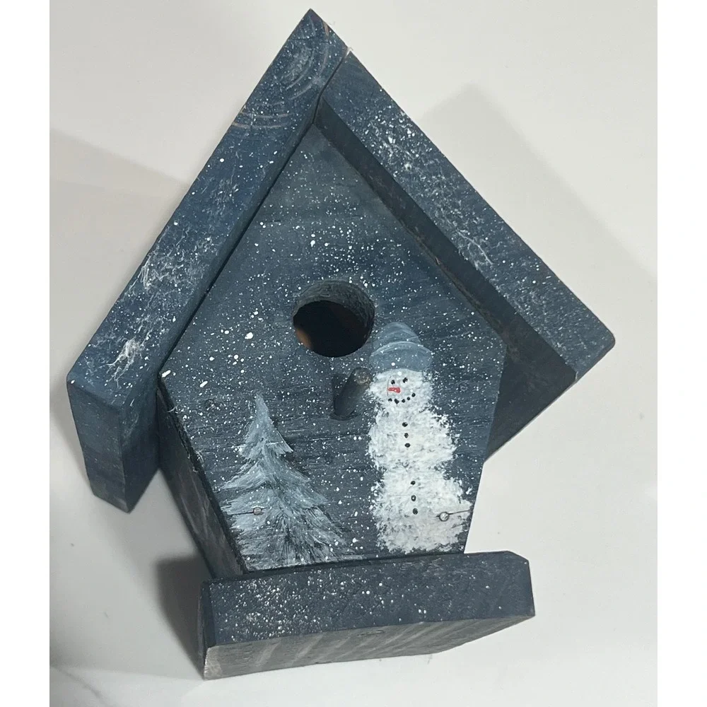 Rustic Wooden Snowman Birdhouse Winter Decorative Hand Painted Blue HolidayHouse